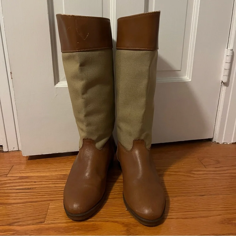 Vintage LL Bean Tan Canvas Leather Riding Equestrian boots 8.5 Neutral Classic